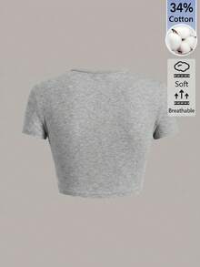 SHEIN BASICS 女款純色修身短版圓領T恤上衣 淺灰色 短版上衣 適合校園日常 夏季休閒 基本款 健身 - 淺灰色 - 查看 2