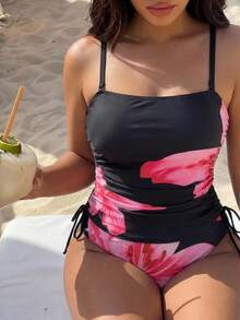 SHEIN Swim Curve 2-delad elegant casual badklädsel i tank-modell med slumpmässigt mönster för kvinnor i plus size - Svart - Visa 4