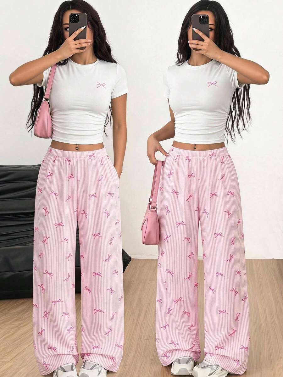 SHEIN Girlism 兒童青少年女孩2件套,粉色條紋蝴蝶結圖案短袖T恤與長褲,休閒時尚百搭套裝,適合日常穿著、外出、約會、返校、度假 - 粉色 - 查看 1