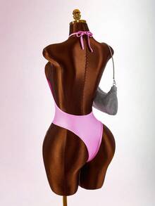 Amplova Women's Letter Rhinestone Fashion Sexy Halter Bodysuit Night Out Going Out Club Pink Summer - Pink - View 2