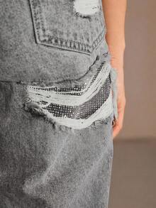 Anewsta Women's Fashion Ripped Rhinestone Embellished Straight Leg Jeans - Grey - View 4