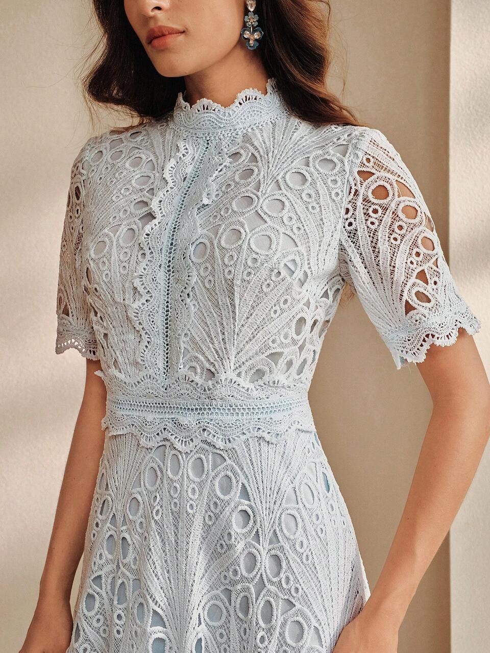 Anewsta Women's Spring/Summer Elegant Vacation Date New Palace Style Vintage Hollow Lace Fairy Pink Short Sleeve Midi Dress