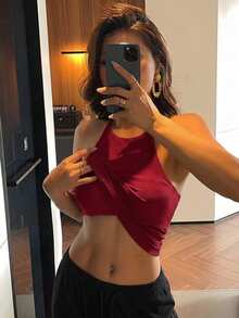 DAZY Women's Red Knitted Sleeveless Camisole Tank Top With Built-In Pads, Fitted Short Length Inner Layer - Hot Pink - View 7