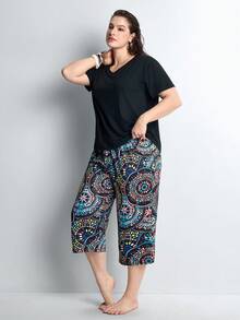 Slumbrini 加大码女式两件套短袖睡衣套装，紫色爱心图案 - 黑色 - 查看 4