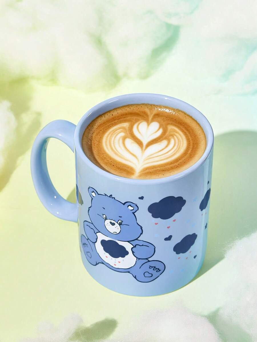 SHEIN X Care Bears Bear 陶瓷馬克杯 13.53oz/400ml 淺藍色咖啡杯,雲朵與雨滴印花,適合粉絲、居家、辦公室與送禮 - 淺藍色 - 查看 1
