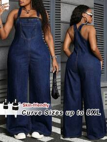SHEIN CURVE+ Plus Size Solid Color Casual Mom Denim Jumpsuit Spring To Summer Carnival Costume Commuting Vacation Graduation Chic Y2k Cute Navy Blue Wide Leg - Blue - View 1