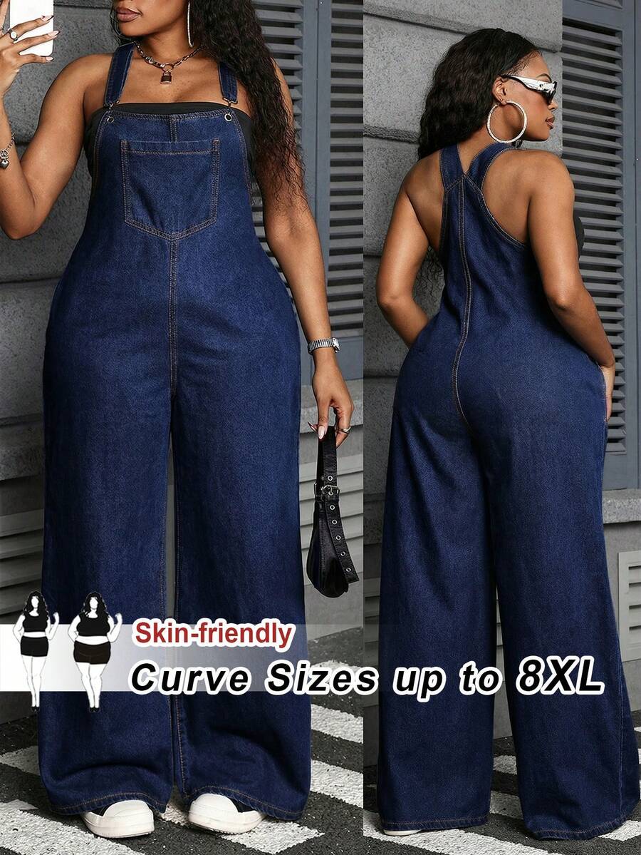 SHEIN CURVE+ Plus Size Solid Color Casual Mom Denim Jumpsuit Spring To Summer Carnival Costume Commuting Vacation Graduation Chic Y2k Cute Navy Blue Wide Leg - Blue - View 1