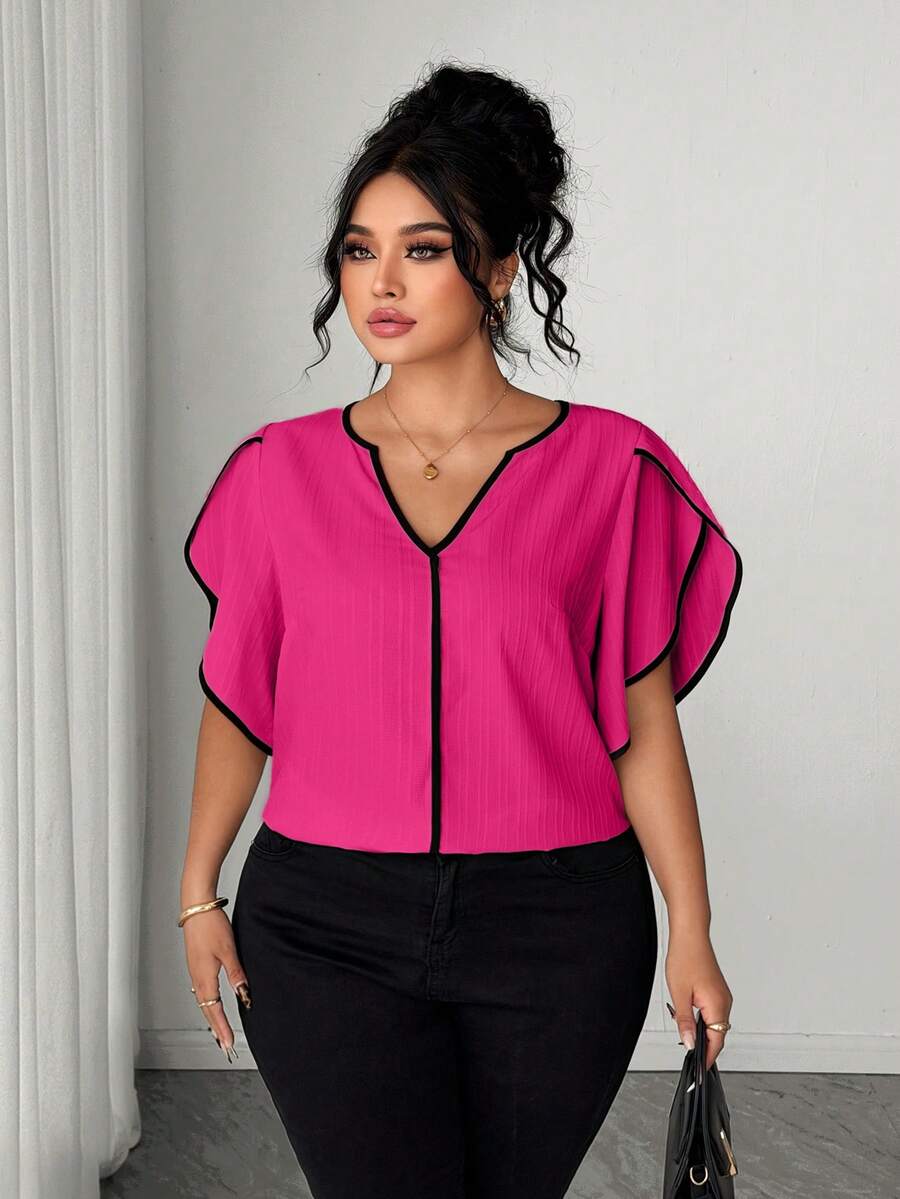 SHEIN Elenzya Plus Size Women's Pink Colorblock Trim Textured Fashion Vacation Shirt - Hot Pink - View 1