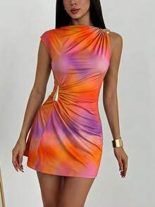 Aloruh New Vacation Style Orange And Pink Gradient Print Metal Decor Ruched Umbrella Hem Cap Sleeve Mini Dress French Club Summer Sexy - Orange - View 8