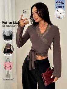 SHEIN PETITE Women's Solid Color Contrast Lace Waist Knot Long Sleeve Slim Fit T-Shirt Date Dark Brown,Summer,Autumn,Elegant,Soft Basic Everyday Top,Going Out - Brown - View 5
