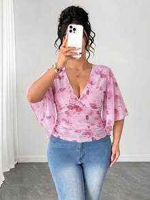 Elenzga Damen-Sommertopp, Große Größen aus Mesh mit Rosenprint, tiefem V-Ausschnitt, asymmetrischen ausgestellten Ärmeln, taillierter Taille, sexy, romantisch, elegant, für Brunch und formelle Anlässe, Hot Pink - Pink - Übersicht 5