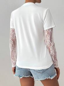 SHEIN Raffinéa 女款休閒蕾絲透視長袖T恤 - 白色 - 查看 2
