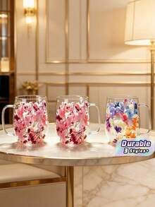 2 Double-Layer Glass Mugs With Handles, Transparent Floral Pattern Reusable Coffee Glasses. Ideal For Milk, Espresso, Cappuccino, Hot & Cold Drinks. Great Birthday & Holiday Presents, Also Practical Coffee Machine Accessories. - Multicolor - View 1
