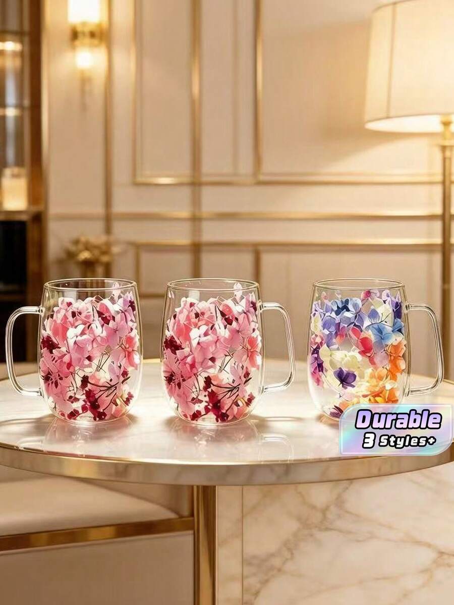 2 Double-Layer Glass Mugs With Handles, Transparent Floral Pattern Reusable Coffee Glasses. Ideal For Milk, Espresso, Cappuccino, Hot & Cold Drinks. Great Birthday & Holiday Presents, Also Practical Coffee Machine Accessories. - Multicolor - View 1