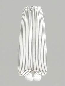 SHEIN Teen Girls Pants Summer Vacation Woven Striped Long Pants, Casual Versatile - Black and White - View 4