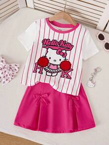 HELLO KITTY AND FRIENDS | SHEIN Setelan Kaos Lengan Pendek Bergaris dan Rok Belahan untuk Anak Perempuan - Berwarna merah muda - View 2