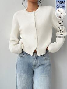 SHEIN BASICS 女款純色單排扣休閒百搭日常外出長袖開襟衫 - 杏色 - 查看 4