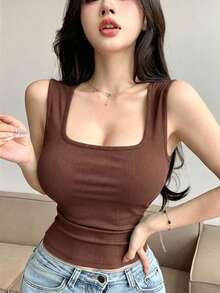 DAZY 女款寬肩帶加墊背心，純色，四季皆宜的多功能內搭層 - 棕色 - 查看 4