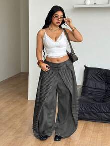 Coolane 大尺碼女款條紋鈕扣半開襟設計休閒寬腿鬆身長褲 - 深灰色 - 查看 4