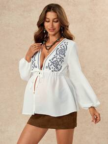 Boho Mama Camisa casual de maternidad con escote en V profundo, cordón, cintura elástica, manga larga, azul marino, para sesión de fotos, verano y otoño - Azul y blanco - Ver 5