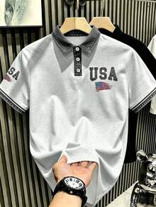Manfinity Hypemode 美式復古做舊牛仔風拼色領口與袖口，USA星條旗印花翻領 Polo 衫，休閒成熟風上衣，男女款圖案 T 恤，適合日常通勤與夏季時尚 - 彩色 - 查看 3