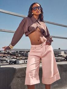 Denimoi Wide Leg Cuffed Denim Jorts Fashion Jeans Fashion Denim Summer Vacation Brunch - Baby Pink - View 3