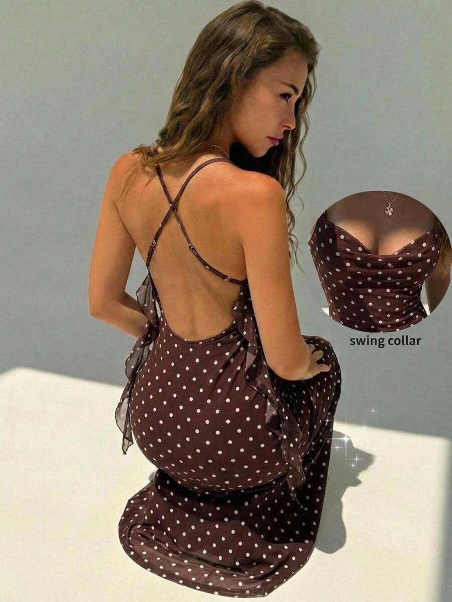 Aloruh Women's Spring/Summer New Brown & White Polka Dot Ruffled Collar Bodycon Dress,Summer Dresses For Women - Brown - View 1