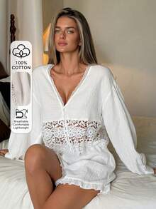 Livesso Women's Textured Sweet Lace Patchwork Button-Up Top And Shorts Pajama Set Summer - White - View 4