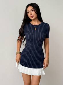 SHEIN PETITE 女款拼色圓領短袖條紋百褶下擺優雅洋裝，適合辦公室與雞尾酒會，小個子女性適用 - 藏蓝色 - 查看 8