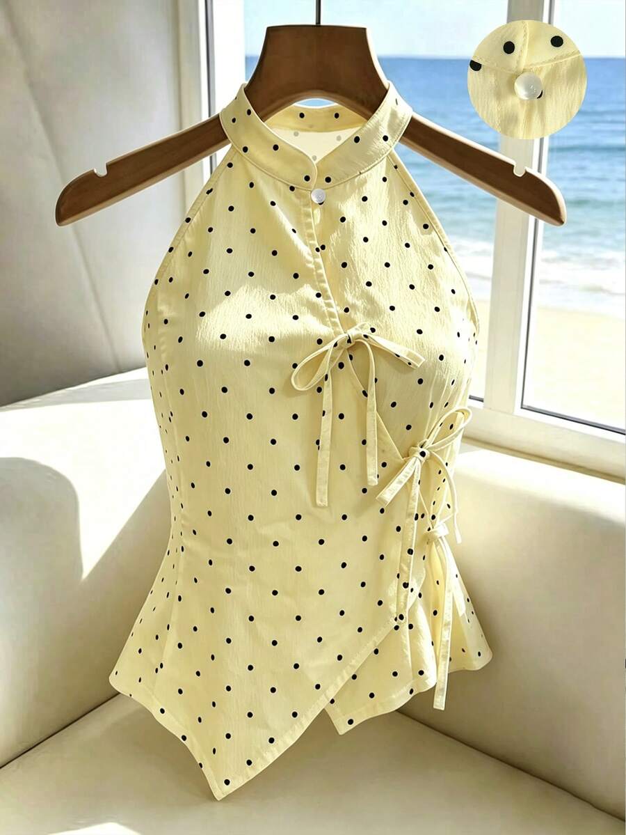 SHEIN Franclia 新中式露肩法式波點繫帶無袖背心上衣，時尚優雅修身柔美襯衫，適合外穿 - 淡黃色 - 查看 1