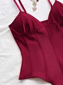 Soleia Women's Minimalist Solid Color Fishbone Camisole, Suitable For Beach And Resort Vacation In Summer No Chest Padding - Burgundy - View 3