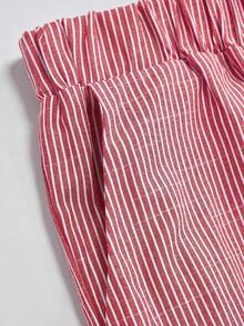 SHEIN LUNE CURVE Pantalones largos de mujer talla grande de algodón y lino a rayas, casuales y cómodos, básicos para primavera/verano, de uso diario, vacaciones y playa, con decoración de botones, pantalones capri para mujer - Rojo - Ver 5