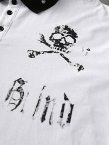 ROMWE MEN 男士字母骷髅印花休闲百搭通勤短袖Polo衫 - 黑與白 - 查看 5