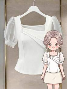 Levarali 女款素色對比網格短花瓣袖優雅襯衫 - 白色 - 查看 4
