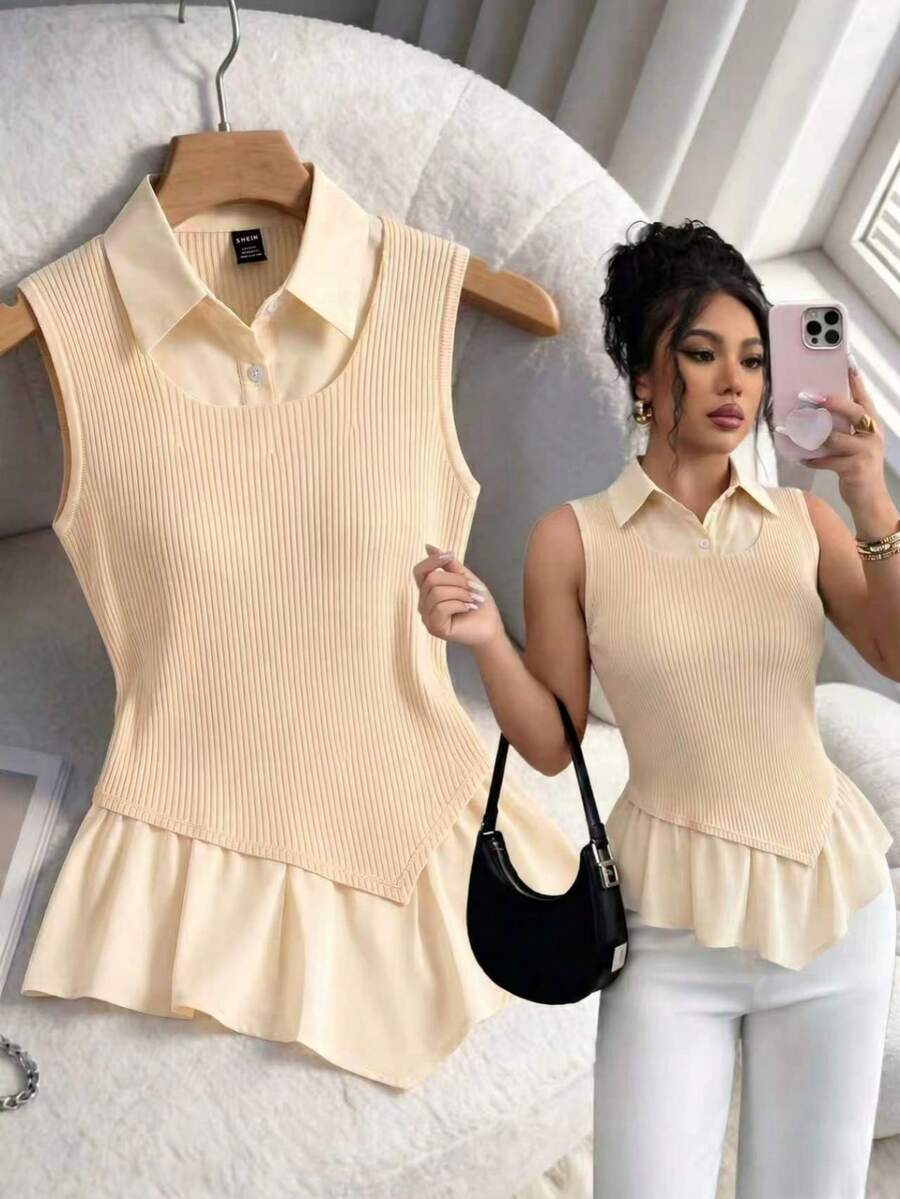 Franclia Beige Summer Chic Everyday Back-To-School Knit Patchwork White Woven Skirt Set,Slim Cute Minimalist Commuting Versatile Daily Gathering Outfit - Apricot - View 1