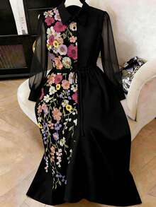 Formidée Plus Size Minimalist Elegant Embroidered Mesh Sleeve Tie Waist Women's Dress Fall - Black - View 3