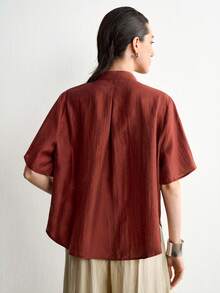 Aalyst French Style High-End Stand Collar Single-Breasted Design Short Sleeve Red-Brown Shirt Loose Fit Elegant Slimming Top - Rust Brown - View 3