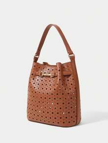 SHECARRY WOMEN'S FASHION BROWN HANDBAG, EXQUISITE BUCKLE, HOLLOW CRAFT BUCKET BAG, SUITABLE FOR DAILY, COMMUTING, SHOPPING, VACATION, TRAVEL - Brown - View 2
