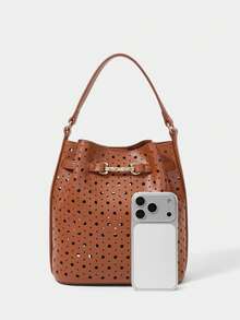 SHECARRY WOMEN'S FASHION BROWN HANDBAG, EXQUISITE BUCKLE, HOLLOW CRAFT BUCKET BAG, SUITABLE FOR DAILY, COMMUTING, SHOPPING, VACATION, TRAVEL - Brown - View 5