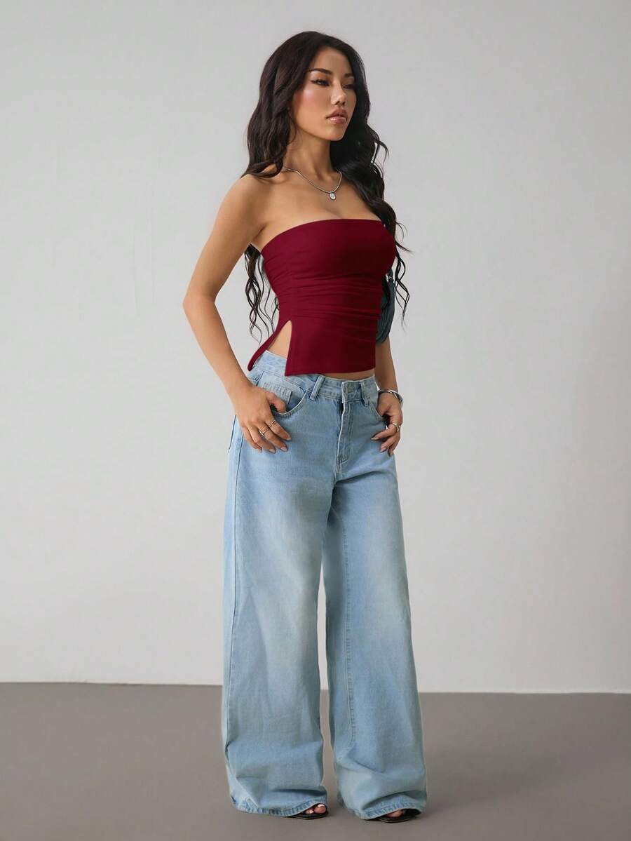 SHEIN PETITE Top bandeau sin espalda con abertura lateral para mujer - Burdeos - Ver 1