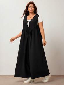 Enliva Mono de pierna ancha para mujer talla grande con lazo delantero y bolsillos, corte holgado, compatible con la figura redondeada tipo manzana - Negro - Ver 6