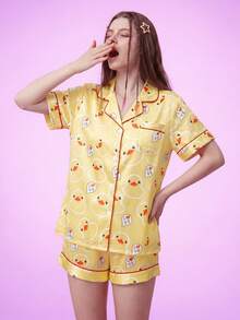 Notgurli Set pijama pentru femei, galben, cu imprimeu drăguț de rață mică în stil desen animat, cu rever și mânecă scurtă, pantaloni scurți, 2 piese, loungewear casual pentru acasă - Multicolor - Vizualizare 4