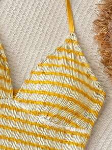 SHEIN Kids Teen Girls Yellow & White Ribbed Ribbed Tankini Bikini 2-Piece Swimsuit, Suitable For Beach Vacation, Spring/Summer Wear, Girls Vacation Beach Ribbed Spaghetti Strap Swim Top & Shorts Set - Yellow - View 3