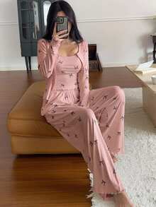 DAZY 女款 3 件式蝴蝶結圖案滿版印花開襟衫、細肩帶背心與長褲夏季睡衣套裝 - 粉色 - 查看 5