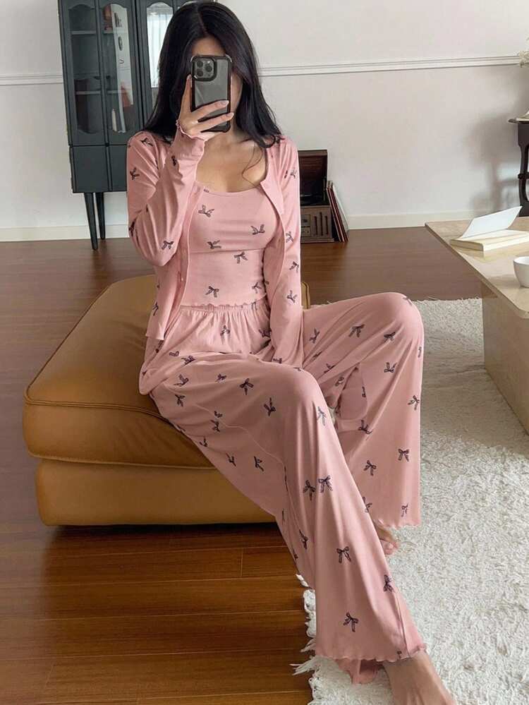 DAZY 3-Piece Bow Pattern All-Over Print Cardigan, Camisole And Long Pants Summer Pajama Set For Women - Pink - View 5