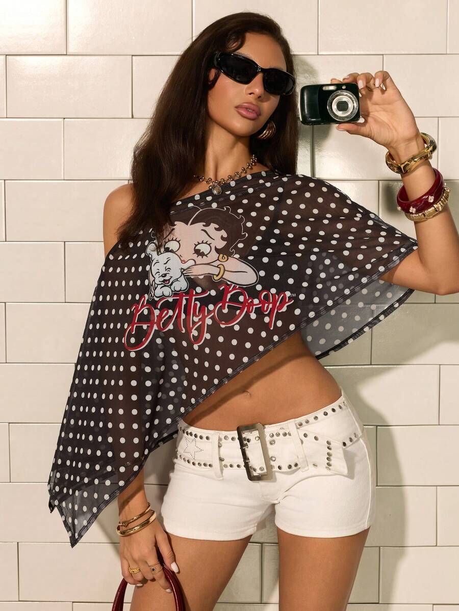 Betty Boop x SHEIN Women's Summer Fashion Polka Dot Cartoon Print Asymmetric Top - Black - View 1