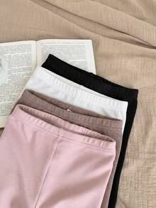 SHEIN LMoss Kids LMoss 4件組女嬰可愛純色彈性腰針織內搭褲，秋冬款 - 白色 - 查看 3