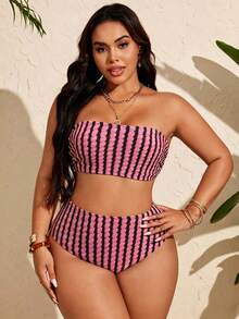 SHEIN Swim Curve 大尺碼女款條紋抹胸比基尼上衣與三角褲兩件式泳衣套裝，適合夏季度假與海灘 - 彩色 - 查看 3