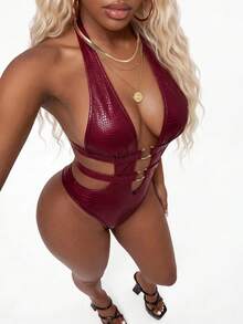 Amplova Deep V Neck Halter Neck Tie Sleeveless Metal Decor Cut Out High Waist Cut Out Women Mini Fitted Bodysuit - Burgundy - View 15
