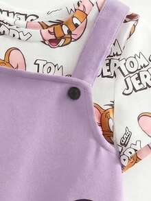 TOM & JERRY X SHEIN 女嬰卡通印花T恤與鈕扣背帶褲套裝 - 紫色 - 查看 4